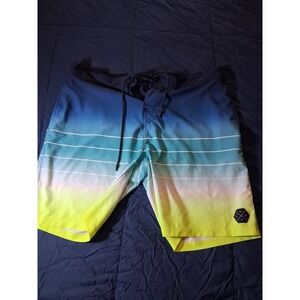 No Boundaries Mens Board Shorts Size 38 Blue Yellow Ombre Striped Swim Trunks
